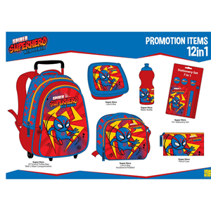 ست 12 در 1 کوله پشتی چرخدار 46 سانتی اسپایدرمن مدل  Trolly Bag - Promotion Items 12 in 1 - Spider Super Hero Web Power